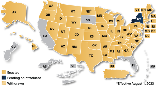 Map shaded in gold in all states but California (gray), Florida (gray), South Dakota (gray), New York (navy blue), and North Dakota (navy blue).