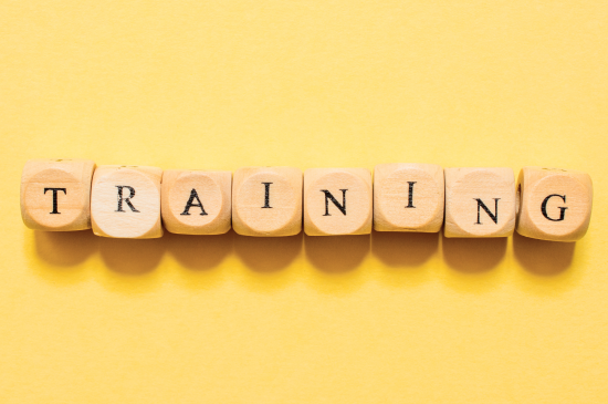 "Training" spelled with blocks against a yellow background