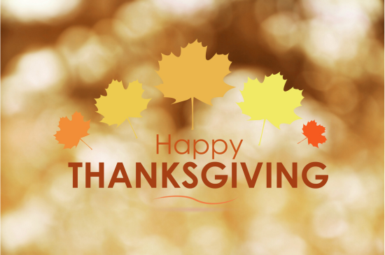 The words "Happy Thanksgiving" set against a tan background with a semi-circle of 5 leaves