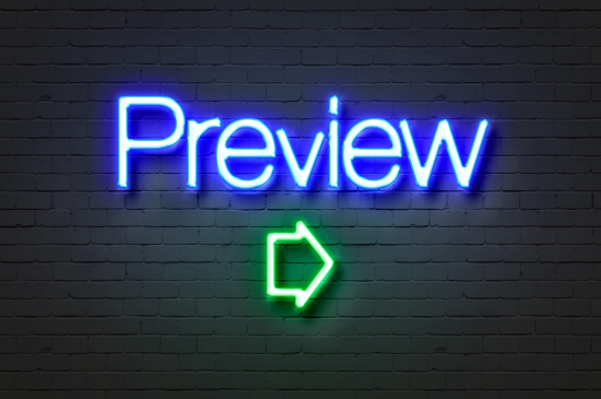 Blue neon ‘Preview’ text with a green arrow pointing right on a dark brick background.