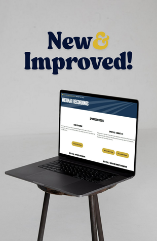 Computer monitor with screenshot of "Webinar Recordings" page