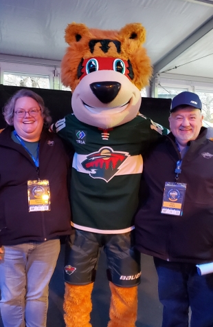 Photo of Jenny and Dean Sieben with the Minnesota Wild mascot