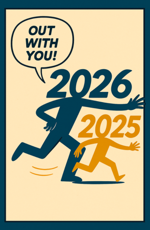 an image of an embodied 2026 chasing an embodied 2025 saying, "Out with you!"